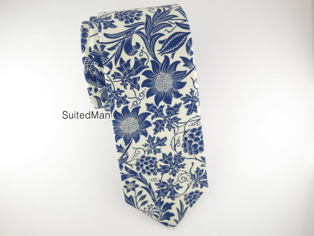 Floral Tie, Antique White/Blue Floral - SuitedMan