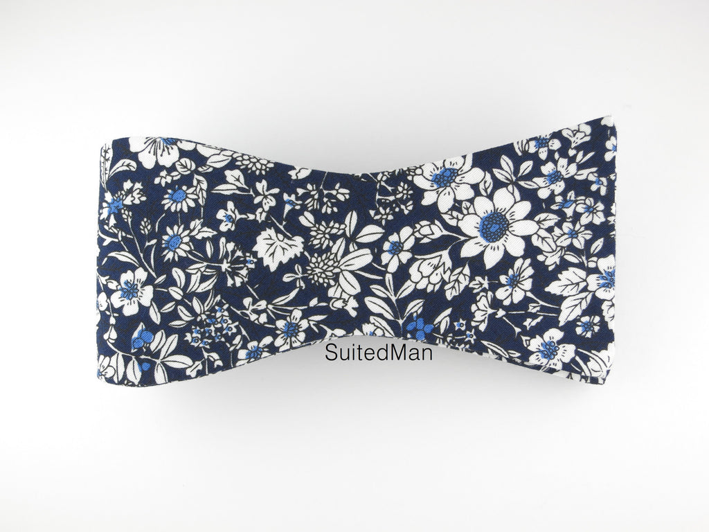 Floral Bow Tie, Navy/White Floral, Flat End - SuitedMan