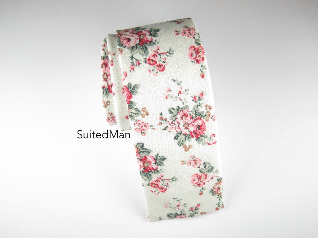Floral Tie, White Vintage Bloom, Flat End - SuitedMan