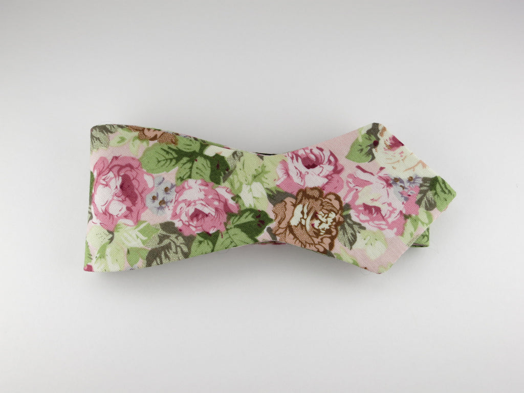 Floral Bow Tie, Vintage Pink Floral, Pointed End - SuitedMan