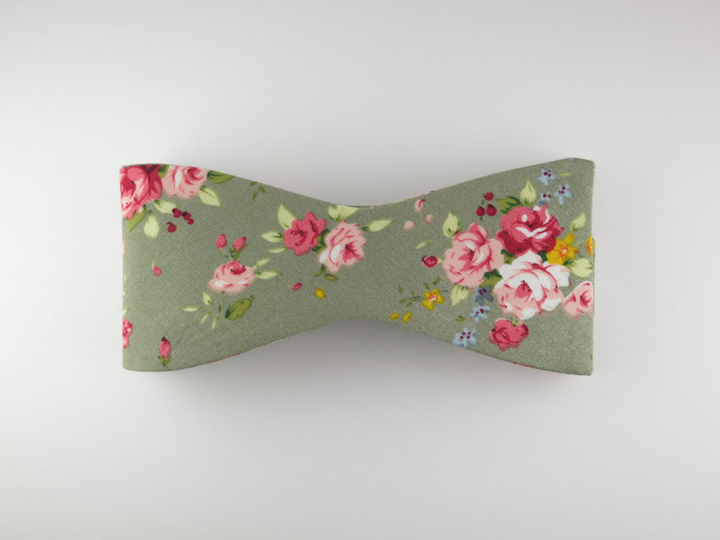 Floral Bow Tie, Olive Rose, Flat End - SuitedMan