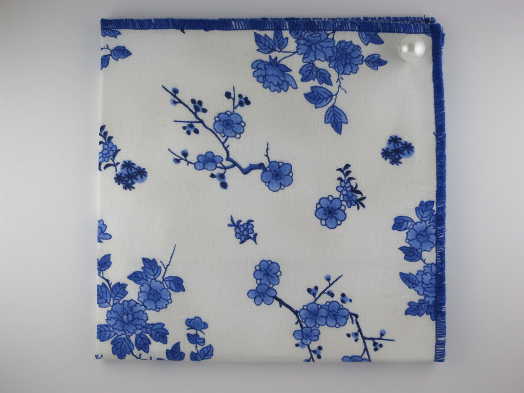 Pocket Square, Blue Porcelain, With Pearl Pin Combo - SuitedMan