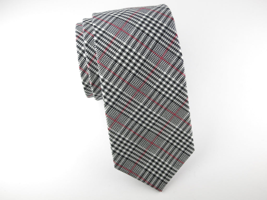 Tie, Glen Plaid, Black/White/Red - SuitedMan