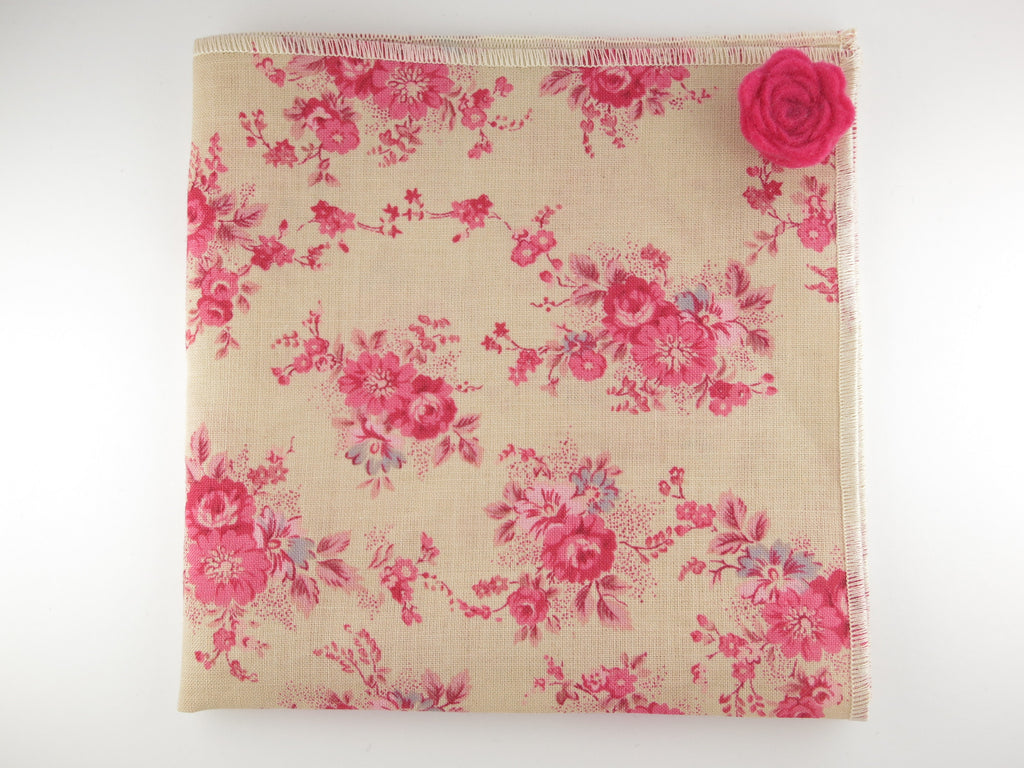 Pocket Square, Vintage Pink Floral with Rosette Pin Combo - SuitedMan