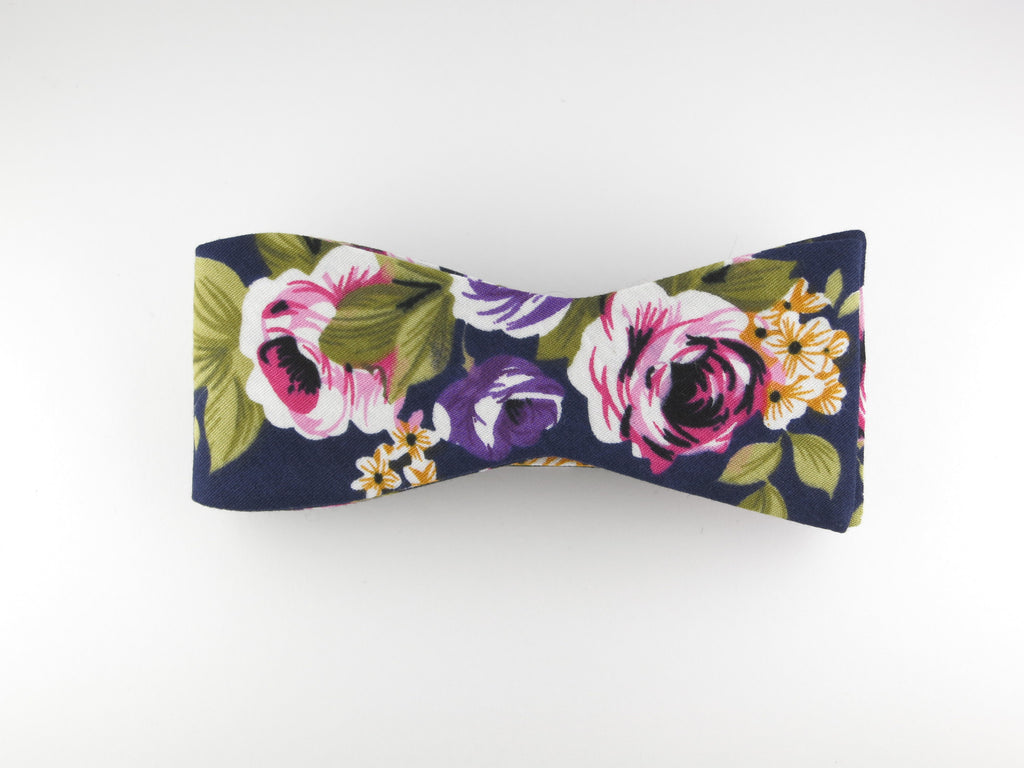 Floral Bow Tie, Navy Floral, Flat End - SuitedMan