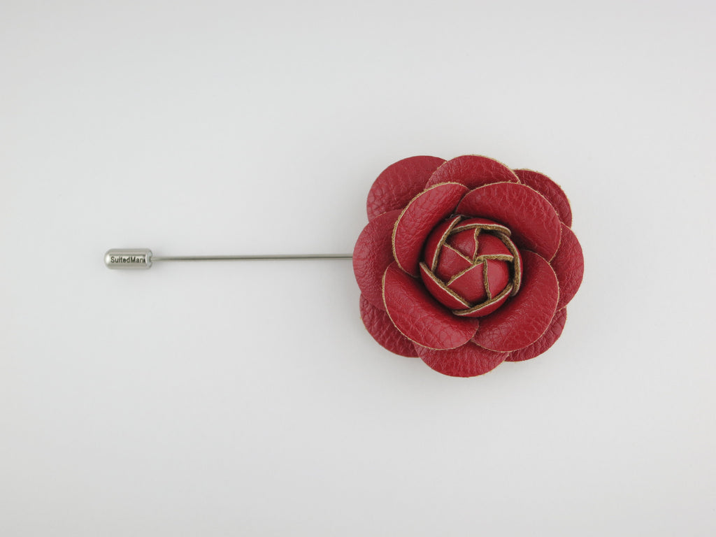 Lapel Flower, Leather Camellia, Red - SuitedMan