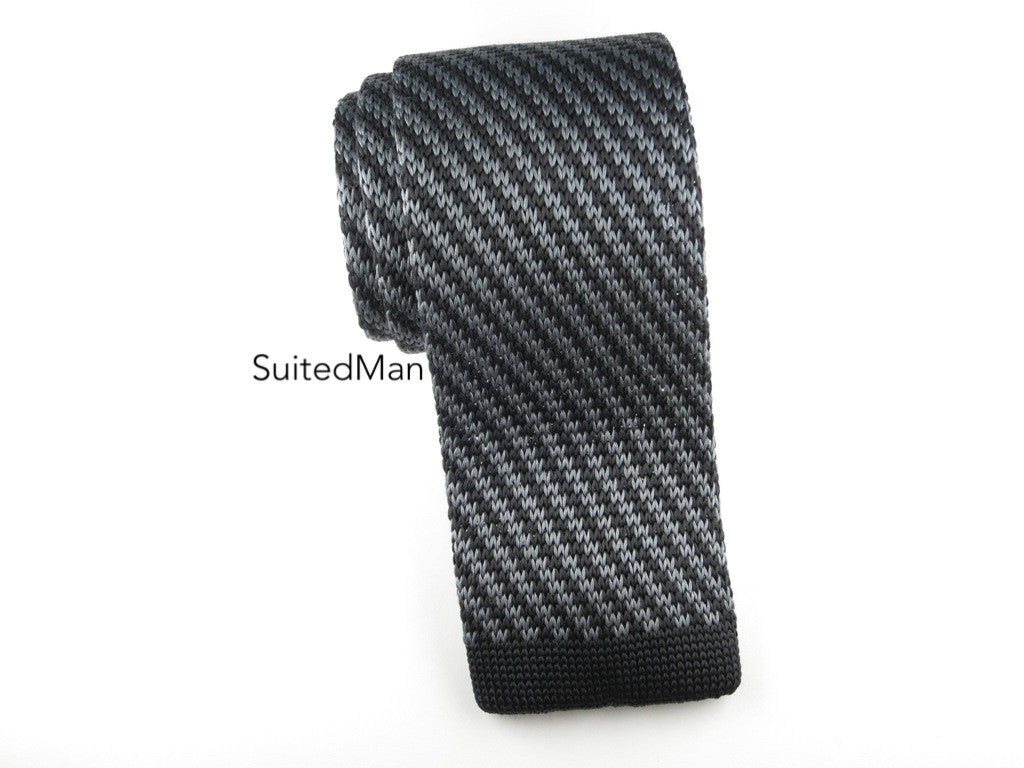 Knit Tie, Gray/Black Diagonal Stripes - SuitedMan