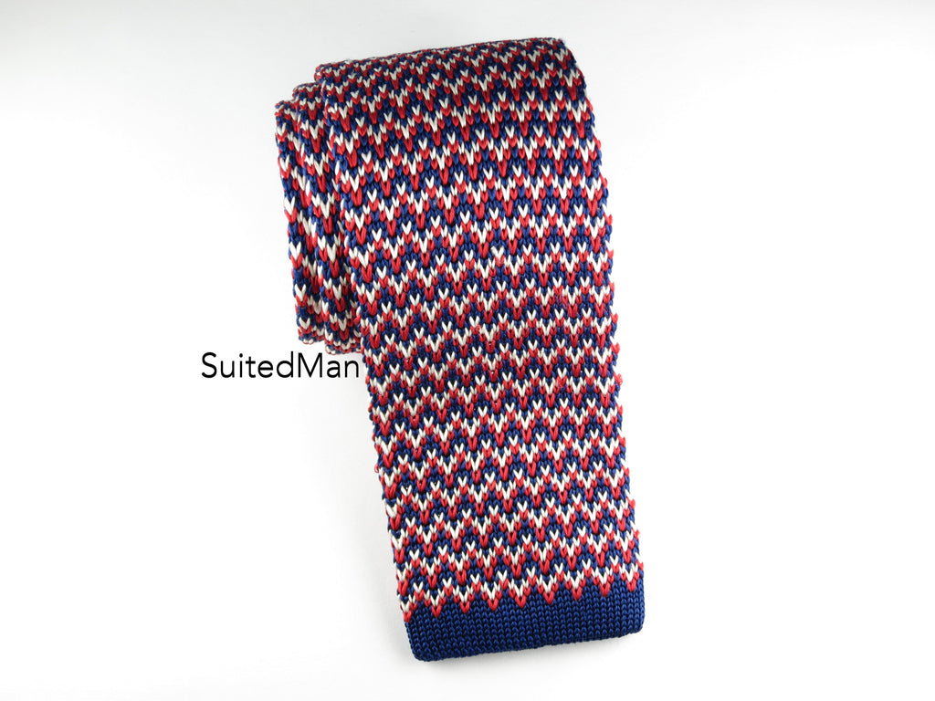 Knit Tie, Red/White/Blue Herringbone - SuitedMan