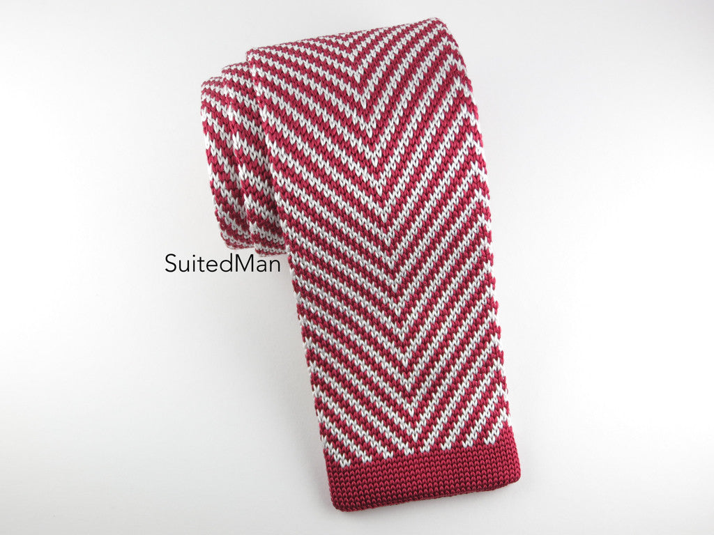 Knit Tie, Herringbone, Red/White - SuitedMan