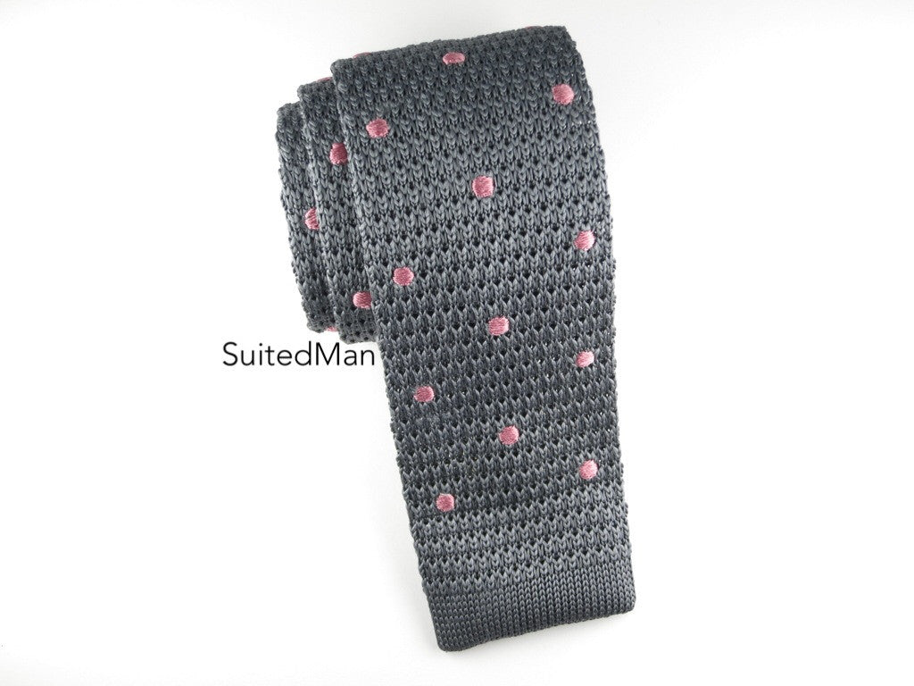 Knit Tie, Polka Dots, Gray/Pink - SuitedMan