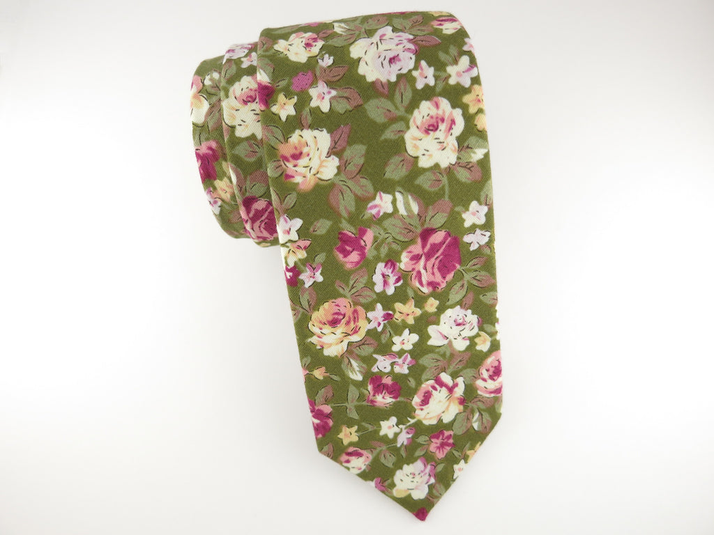 Floral Tie, Olive Pink Rose - SuitedMan