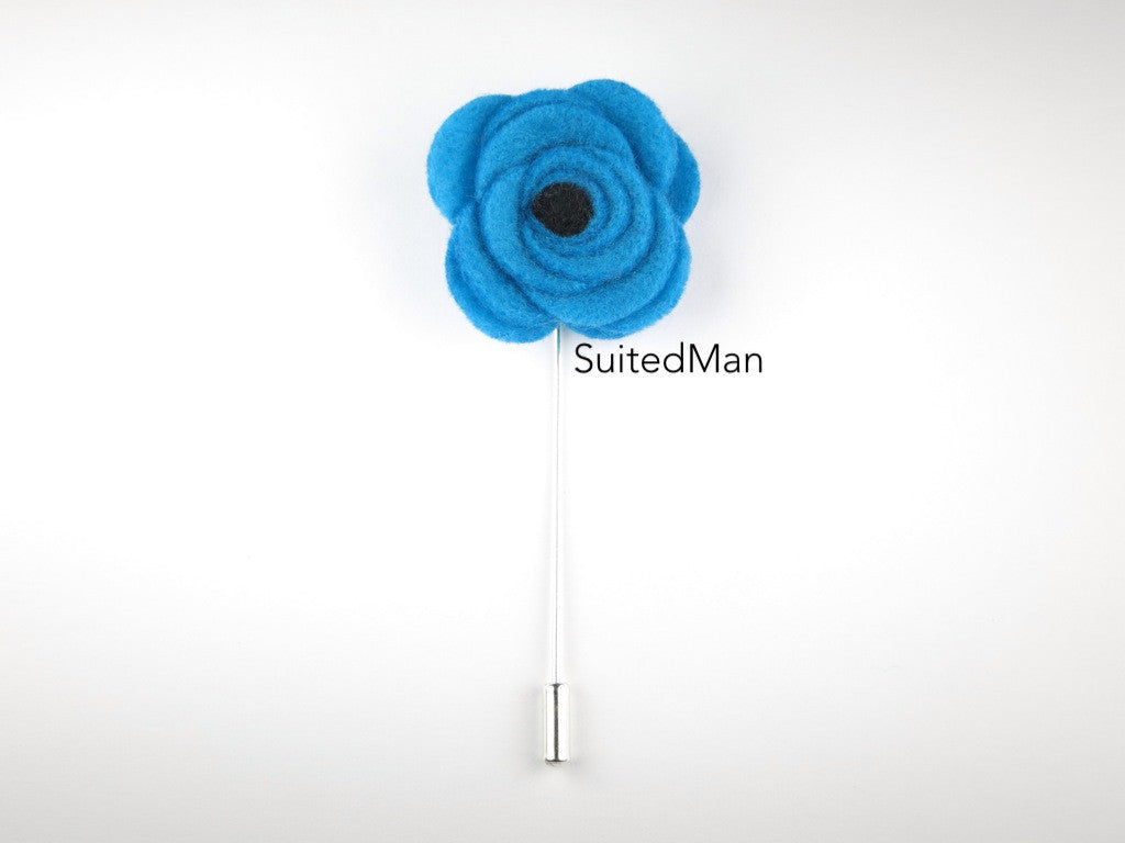 Pin Lapel Flower, Felt, Aqua Blue/Black Poppy - SuitedMan