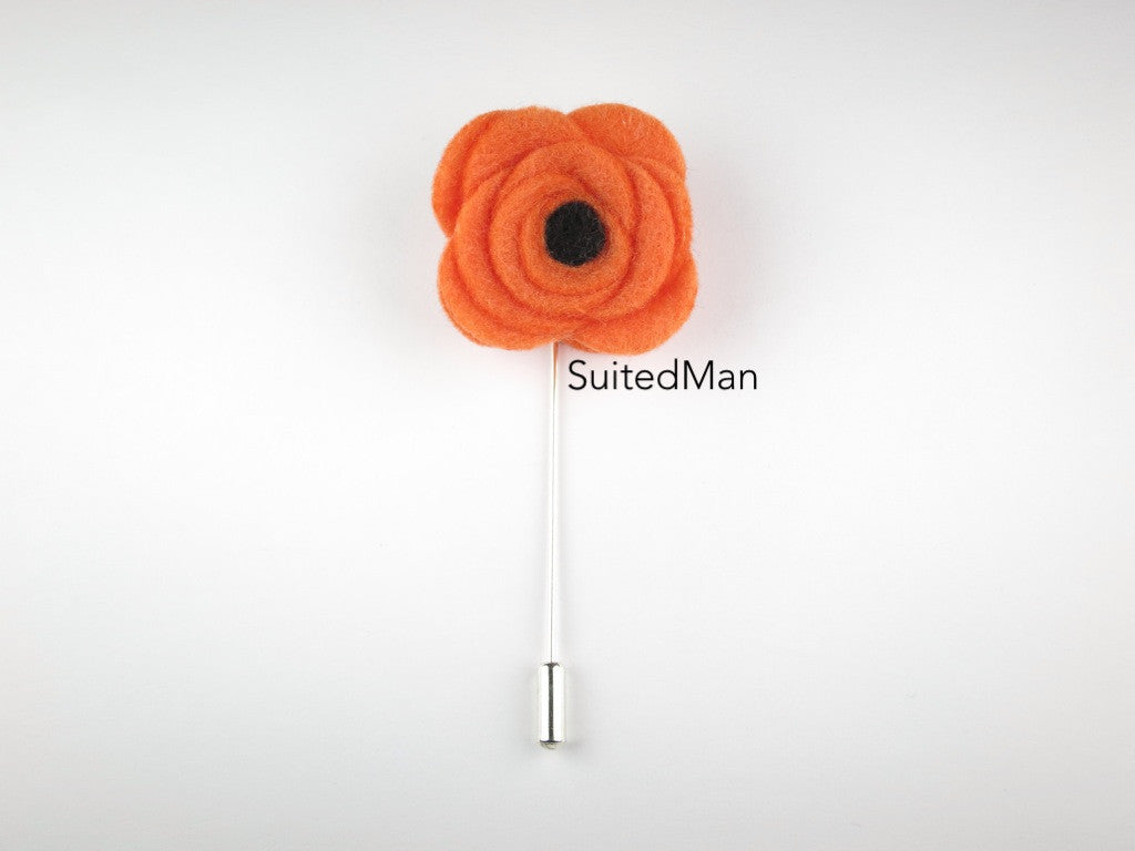 Pin Lapel Flower, Felt, Tangerine/Black Poppy - SuitedMan