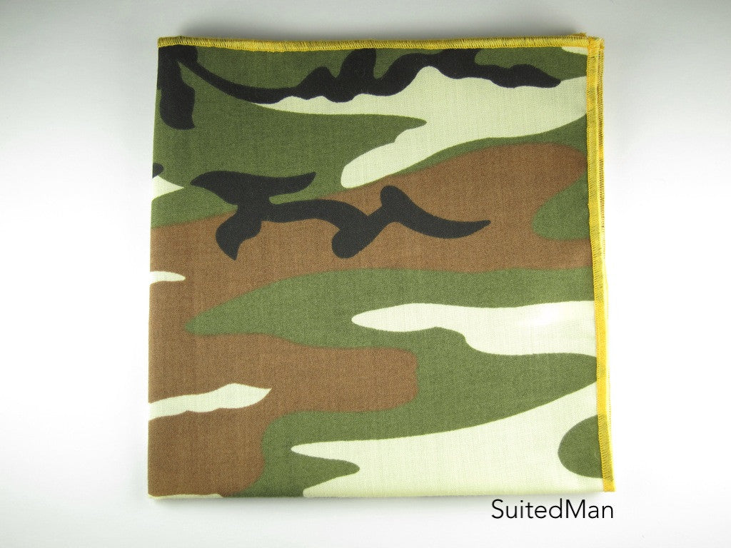 Pocket Square, Abstract Camo with Deep Yellow Embroidered Edge - SuitedMan