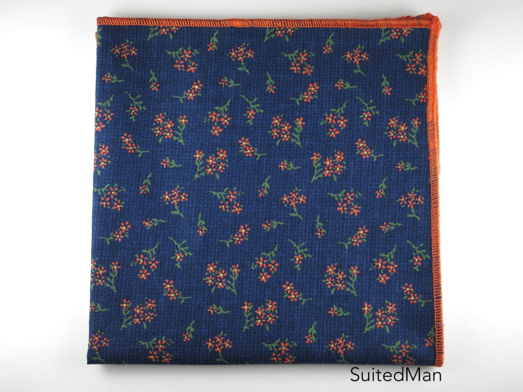 Pocket Square, Floral Navy/Tangerine - SuitedMan