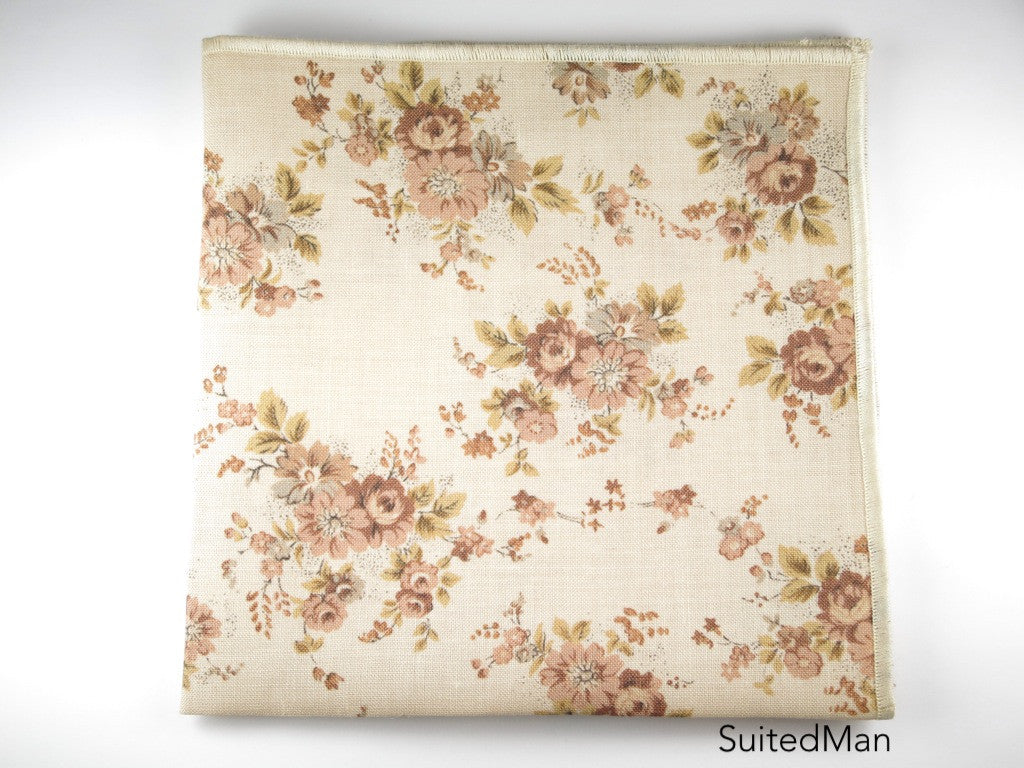 Pocket Square, Vintage Brown Floral with Rosette Pin Combo - SuitedMan