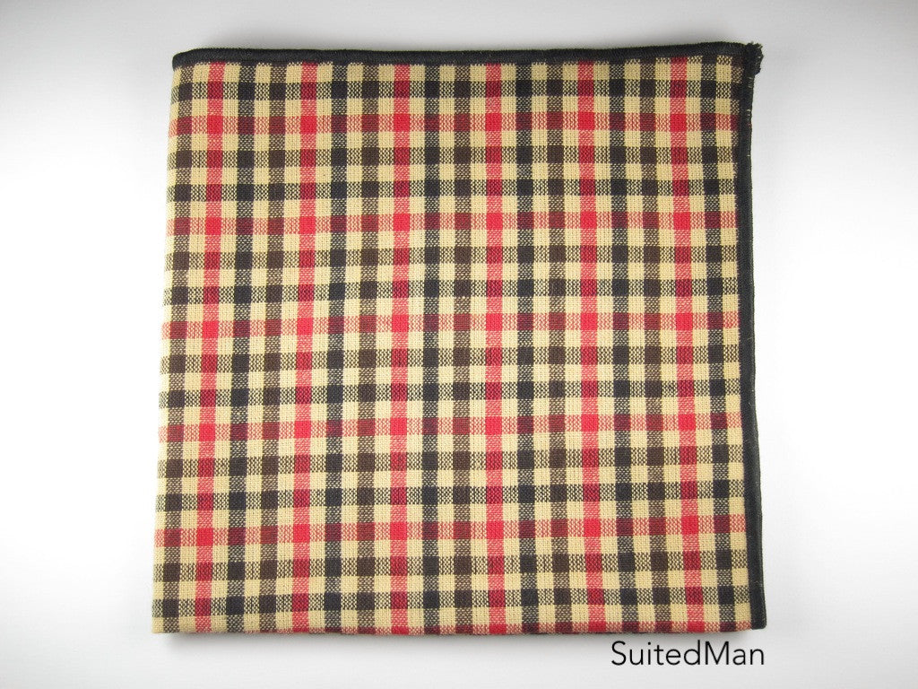 Pocket Square, Gingham, Black/Red/Tan - SuitedMan