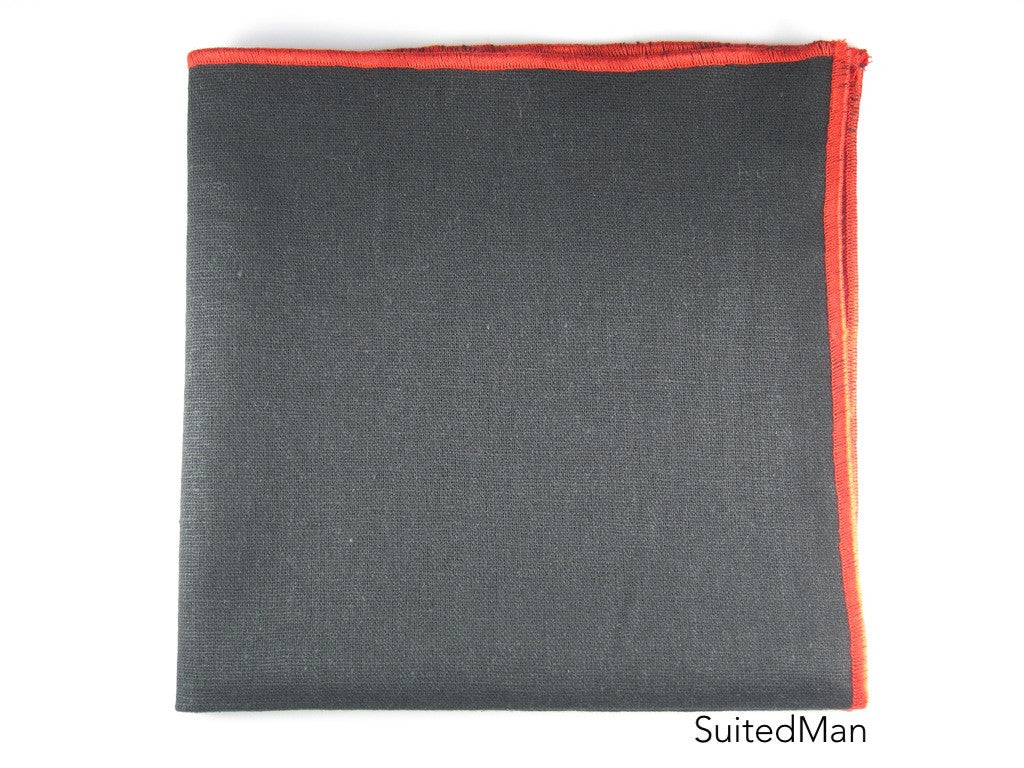 Pocket Square, Linen, Black with Red Embroidered Edge - SuitedMan