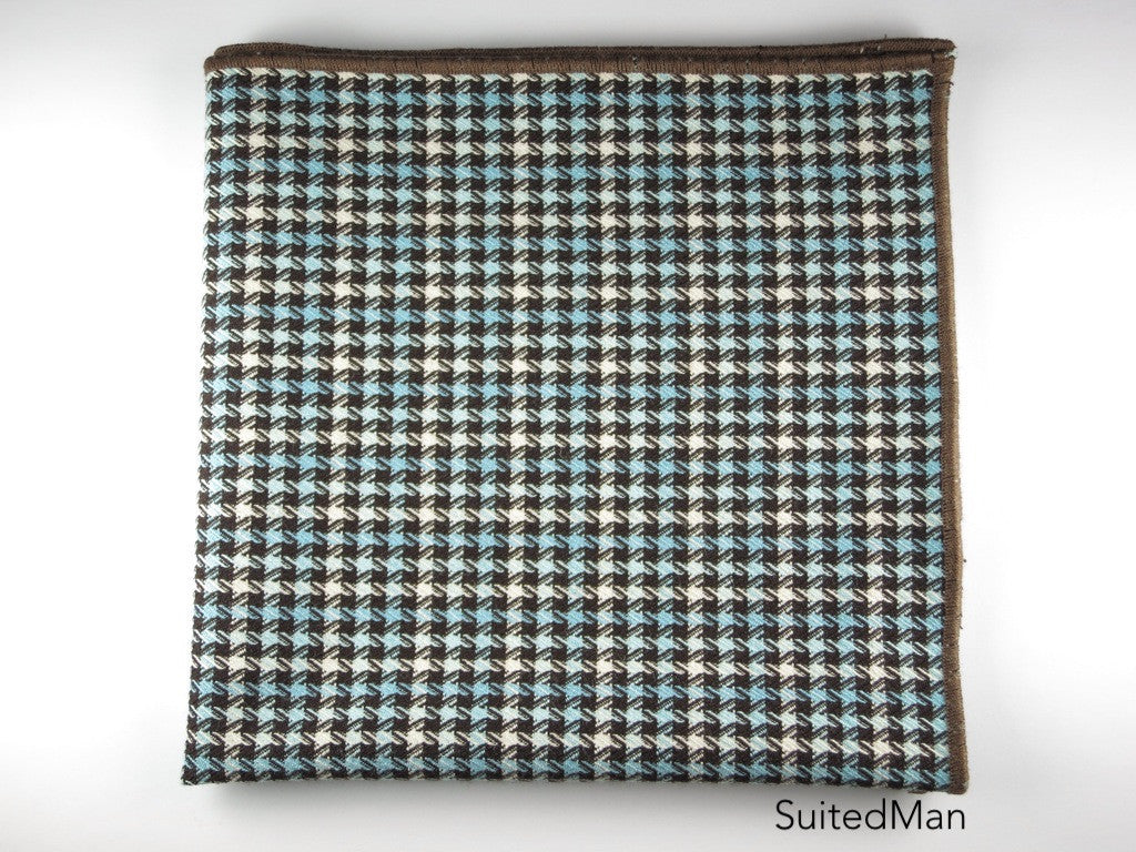 Pocket Square, Tesse, Brown/Blue with Brown Embroidered Edge - SuitedMan