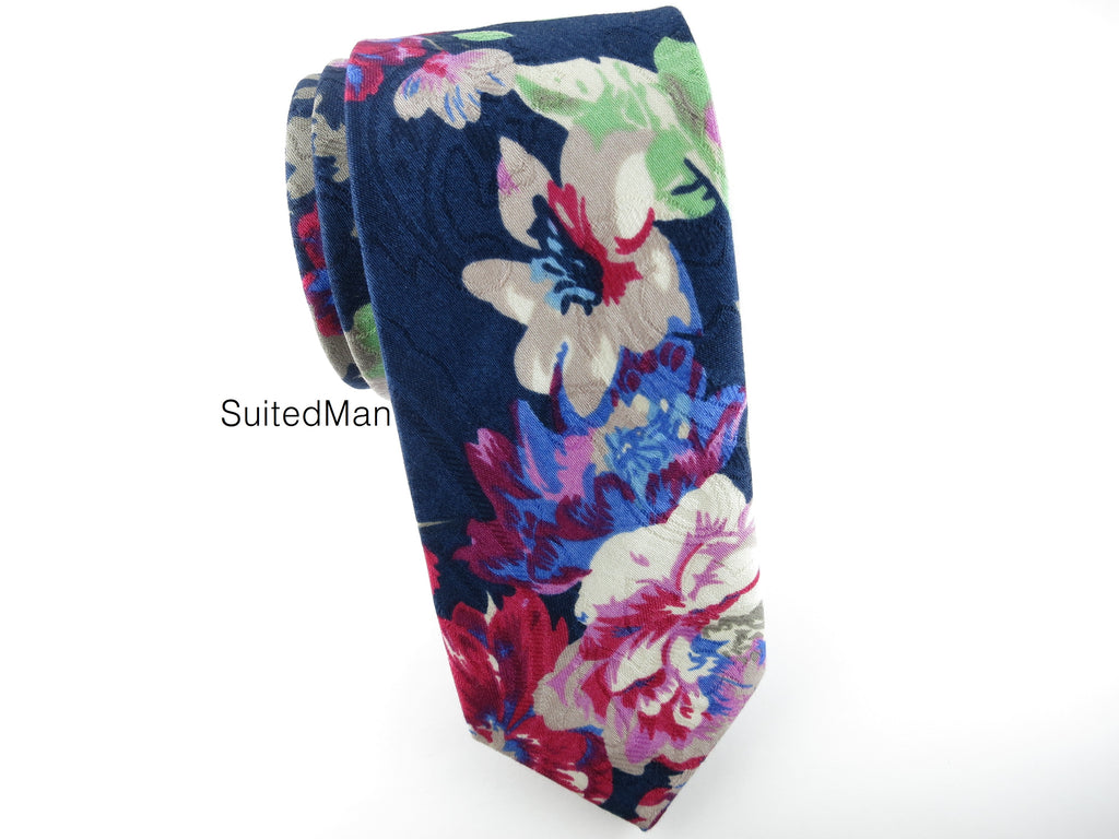 Floral Tie, Navy Fuchsia Brocade - SuitedMan