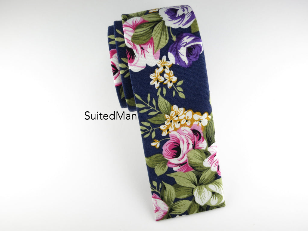 Floral Tie, Navy Floral, Flat End - SuitedMan