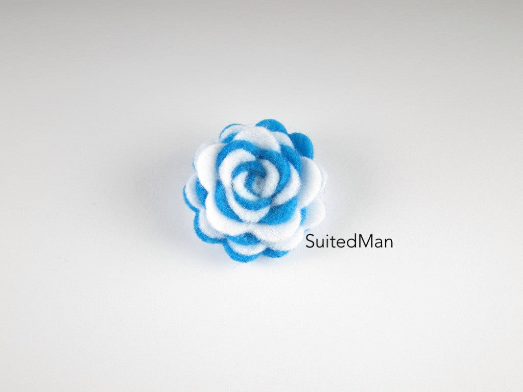 Lapel Flower, Felt, Two Tone, Aqua Blue/White Colorway - SuitedMan