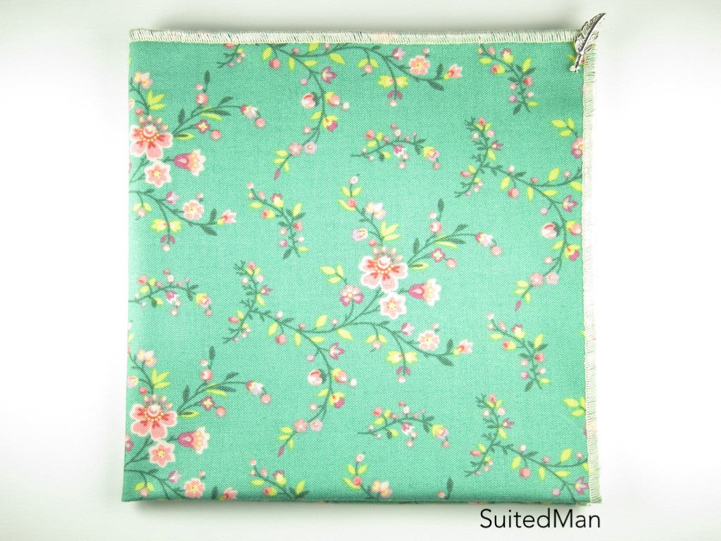 Pocket Square, Pink/Cream Cherry Blossom with Signature Leaf - SuitedMan