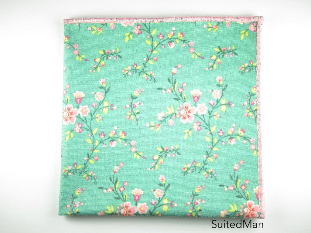 Pocket Square, Pink Cherry Blossom with Pink Embroidered Edge - SuitedMan
