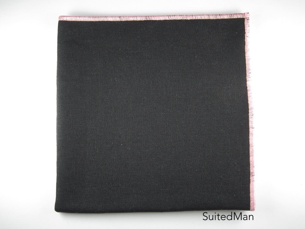 Pocket Square, Linen, Black with Pink Embroidered Edge - SuitedMan