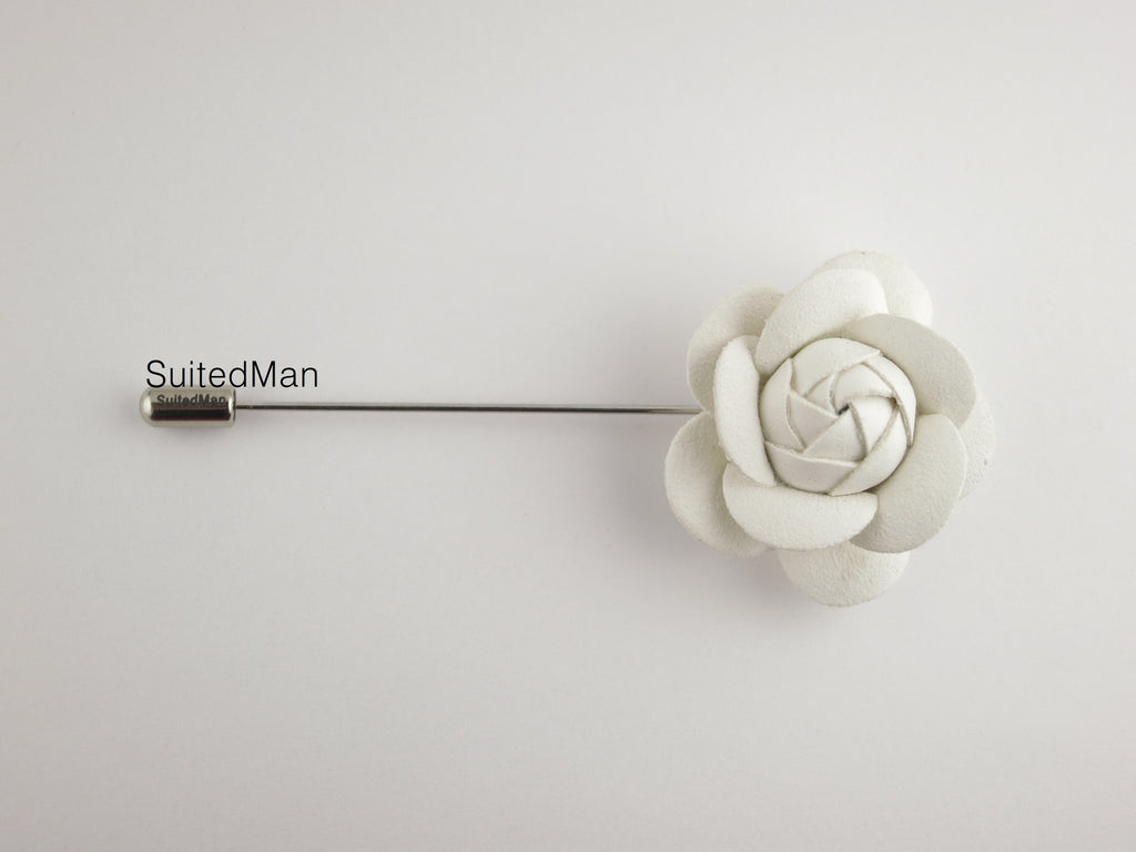 Lapel Flower, Petite Leather Camellia, White - SuitedMan
