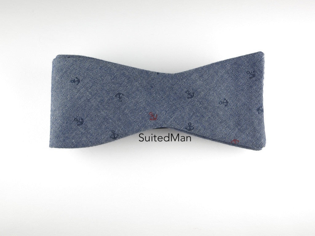 Bow Tie, Blue Chambray Anchors, Flat End - SuitedMan