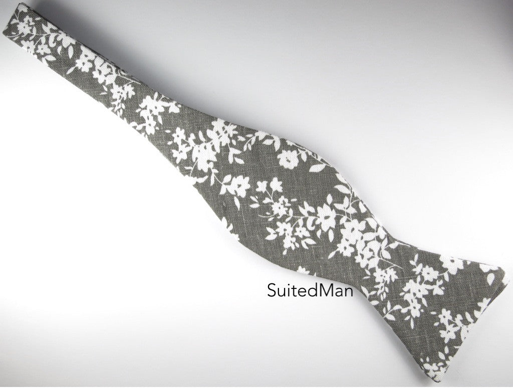 Floral Bow Tie, Gray Floral, Flat End - SuitedMan