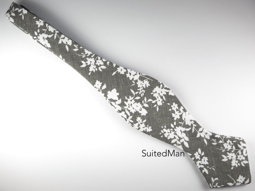Floral Bow Tie, Gray Floral, Pointed End - SuitedMan