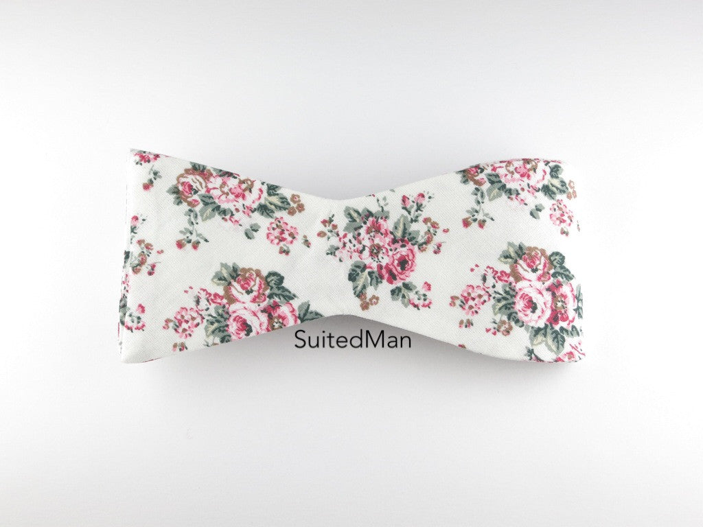 Floral Bow Tie, White Vintage Bloom, Flat End - SuitedMan