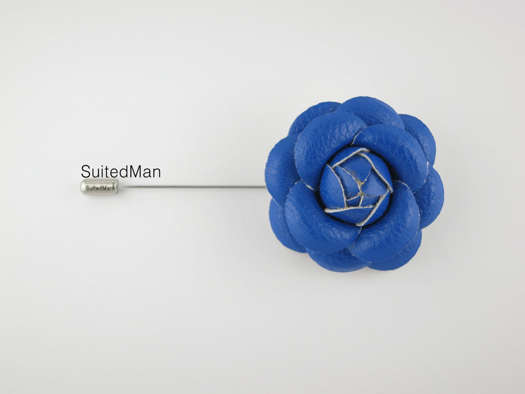 Lapel Flower, Leather Camellia, Electric Blue - SuitedMan