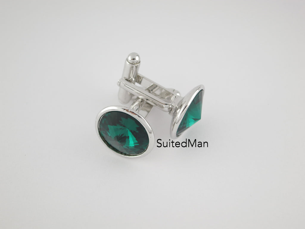 Crystal Cufflinks with Silver Trim, Emerald - SuitedMan
