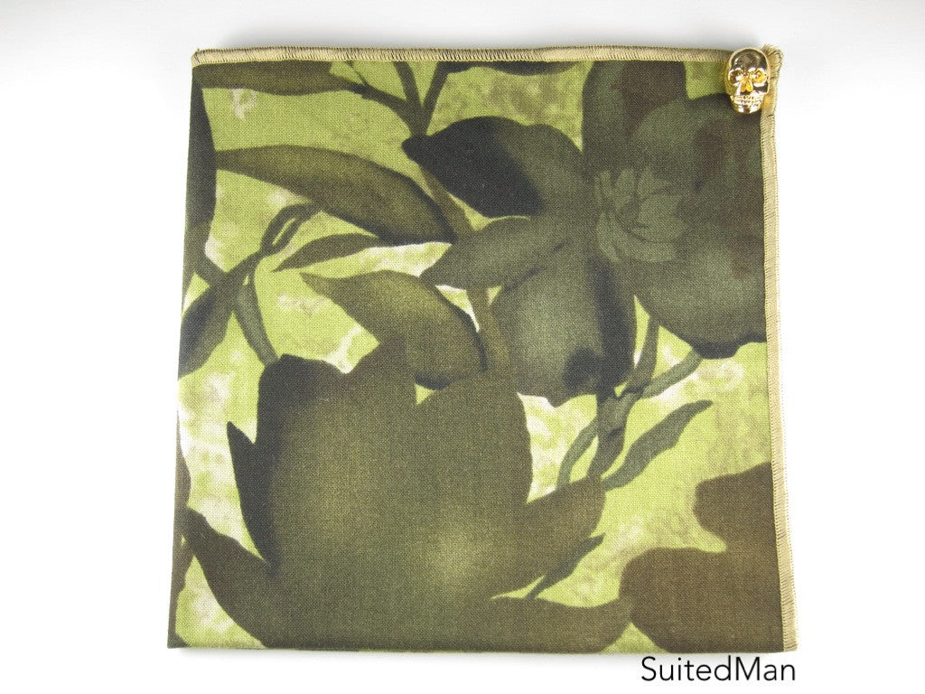 Pocket Square, Floral Camo with Gold Skull Pin Combo - SuitedMan
