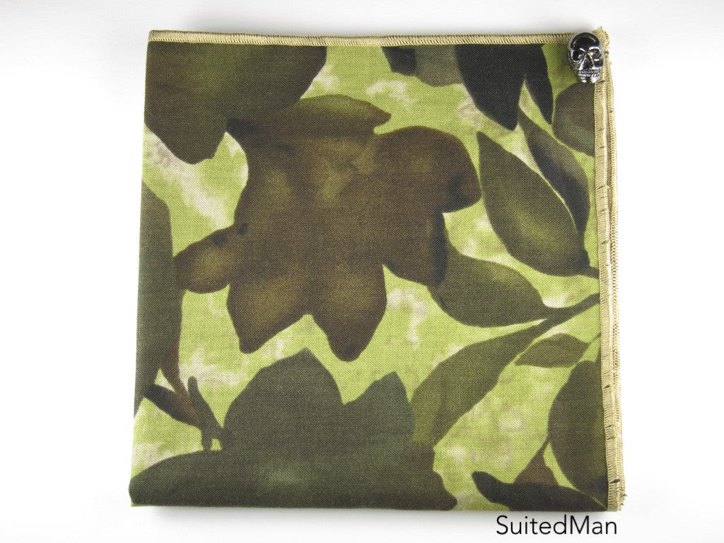 Pocket Square, Floral Camo with Slate Skull Pin Combo - SuitedMan