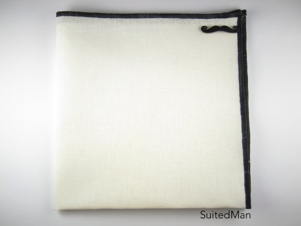 Pocket Square, Antique White/Black with Slate Mustache Pin Combo - SuitedMan