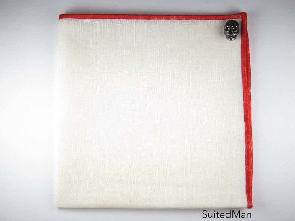 Pocket Square, Antique White/Red with Slate Skull Pin Combo - SuitedMan