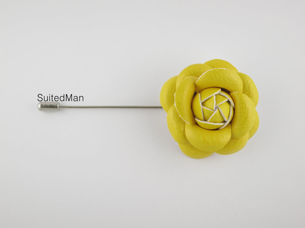 Lapel Flower, Leather Camellia, Canary Yellow - SuitedMan
