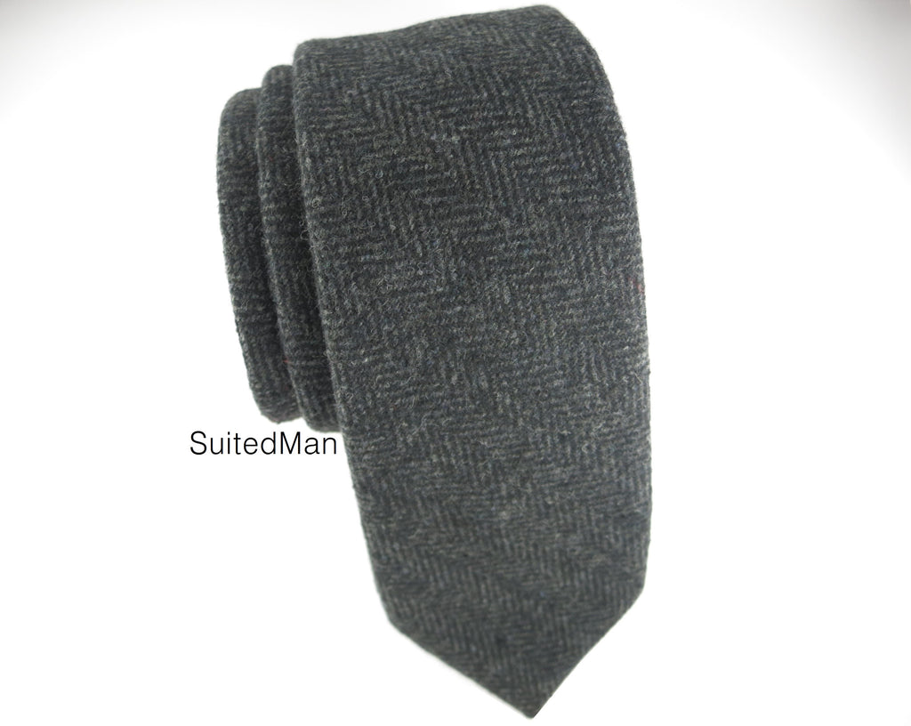 Tie, Wool, Charcoal Herringbone - SuitedMan