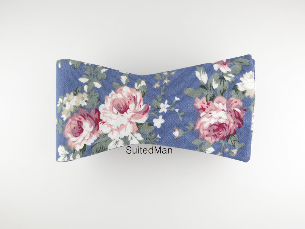 Floral Bow Tie, Blue Peach Rose, Flat End - SuitedMan