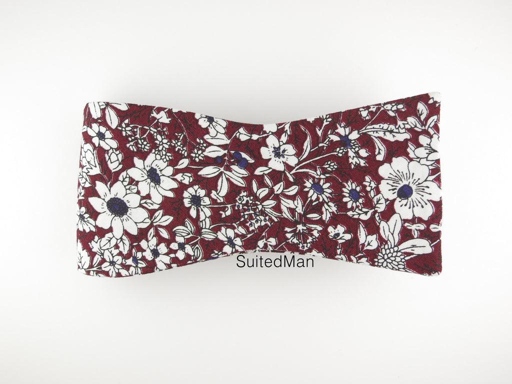 Floral Bow Tie, Burgundy/Navy Floral, Flat End - SuitedMan