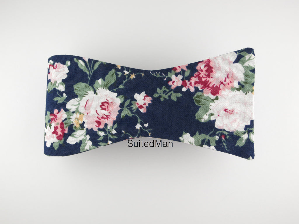 Floral Bow Tie, Navy Peach Rose, Flat End - SuitedMan