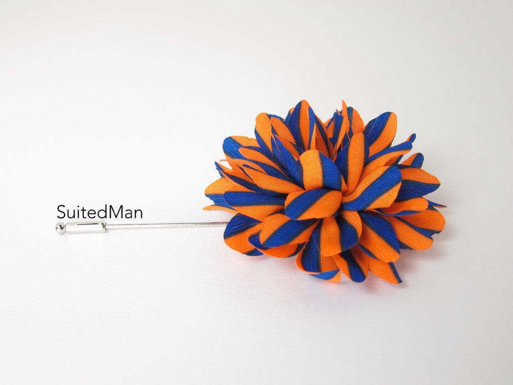 Lapel Flower, Stripes, Blue/Orange - SuitedMan