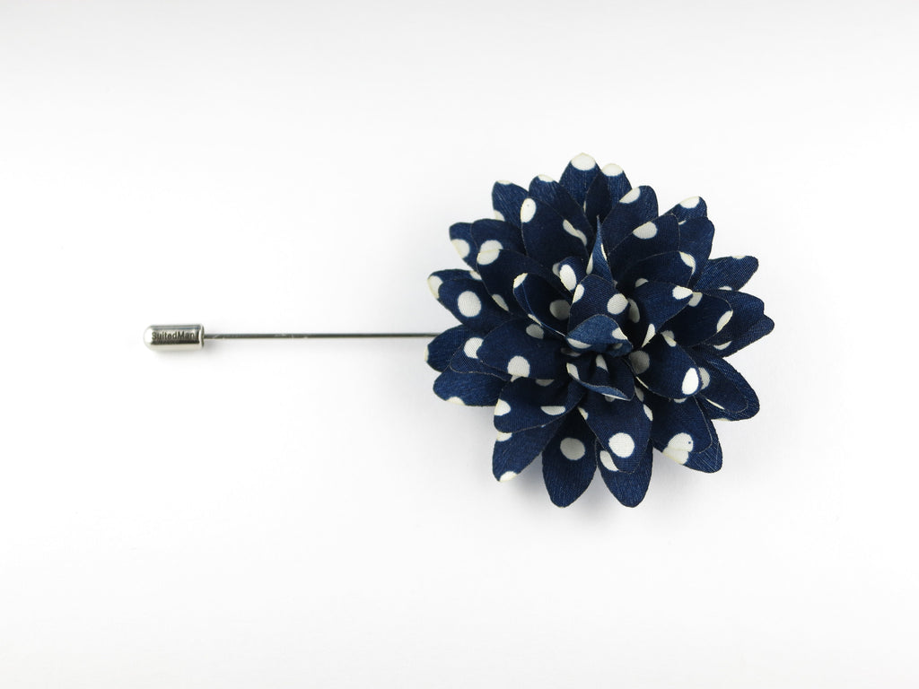 Lapel Flower, Polka Dots, Navy/White - SuitedMan