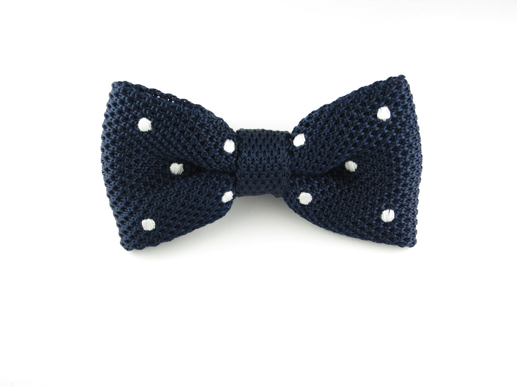 Knit Bow Tie, Polka Dots, Navy/White, Flat End - SuitedMan