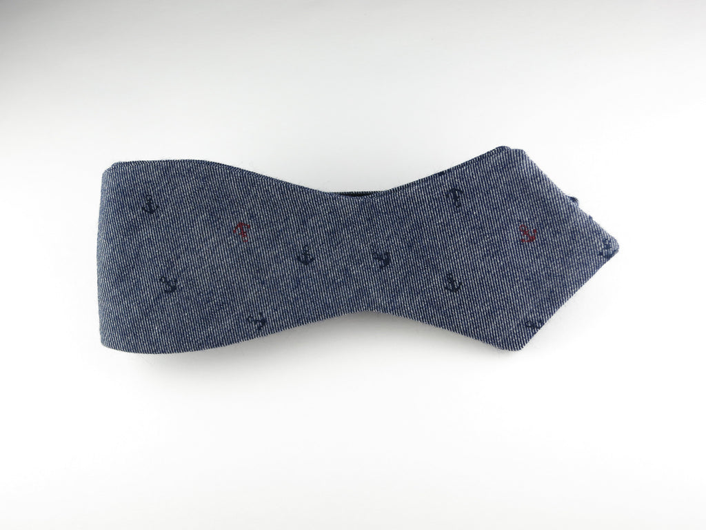 Bow Tie, Blue Chambray Anchors, Pointed End - SuitedMan