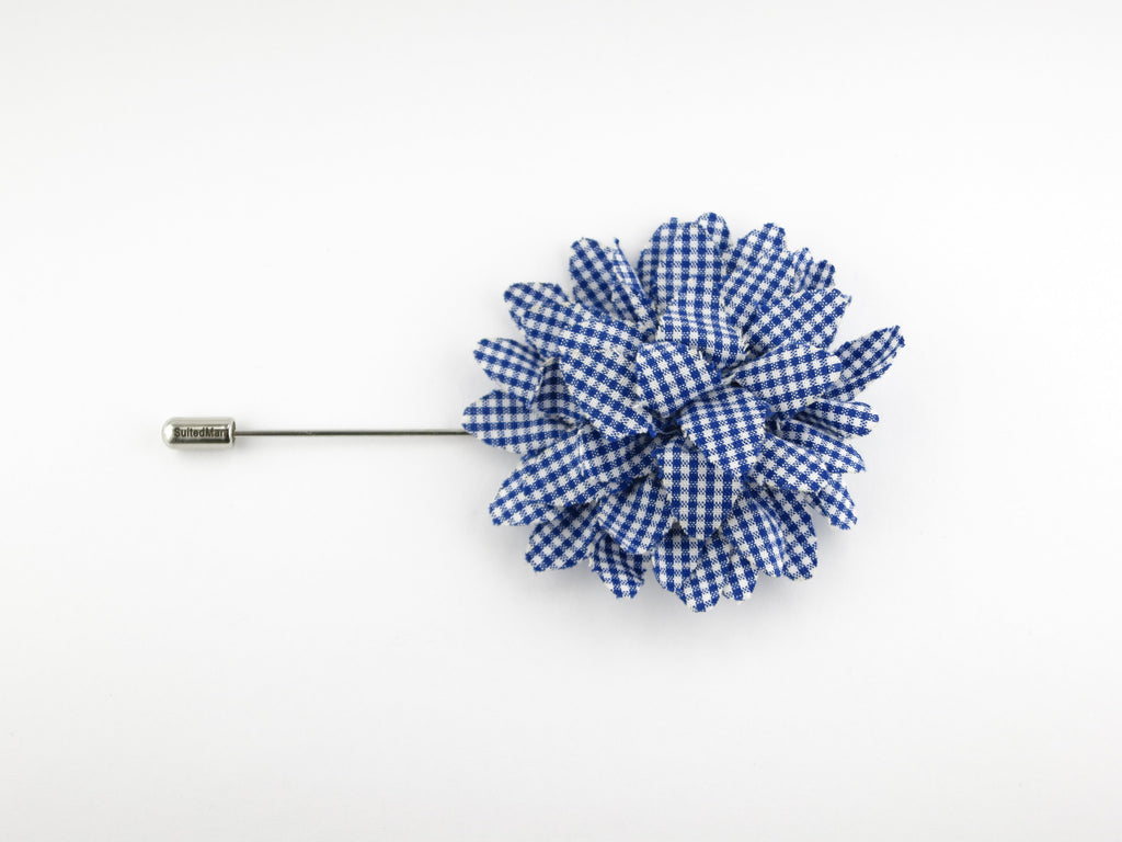 Lapel Flower, Gingham, Blue/White - SuitedMan